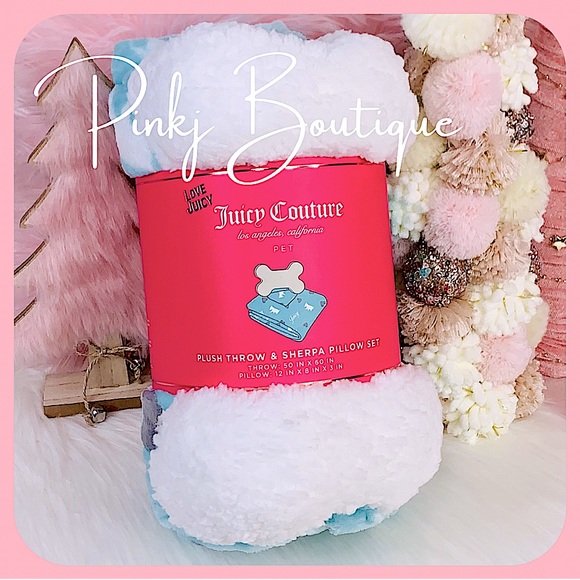 🎉HP!💗🐾{Juicy Couture} Mint Blue Plush Throw Blanket+Sherpa Pillow Set!